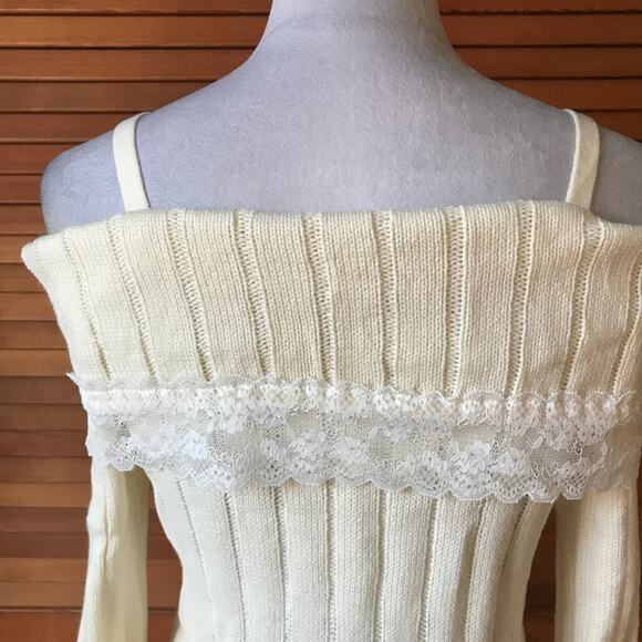 J-fashion Jirai Kei Gyaru Ivory Fold-Over Ivory White Off-Shoulder Sweater M - Picture 8 of 9